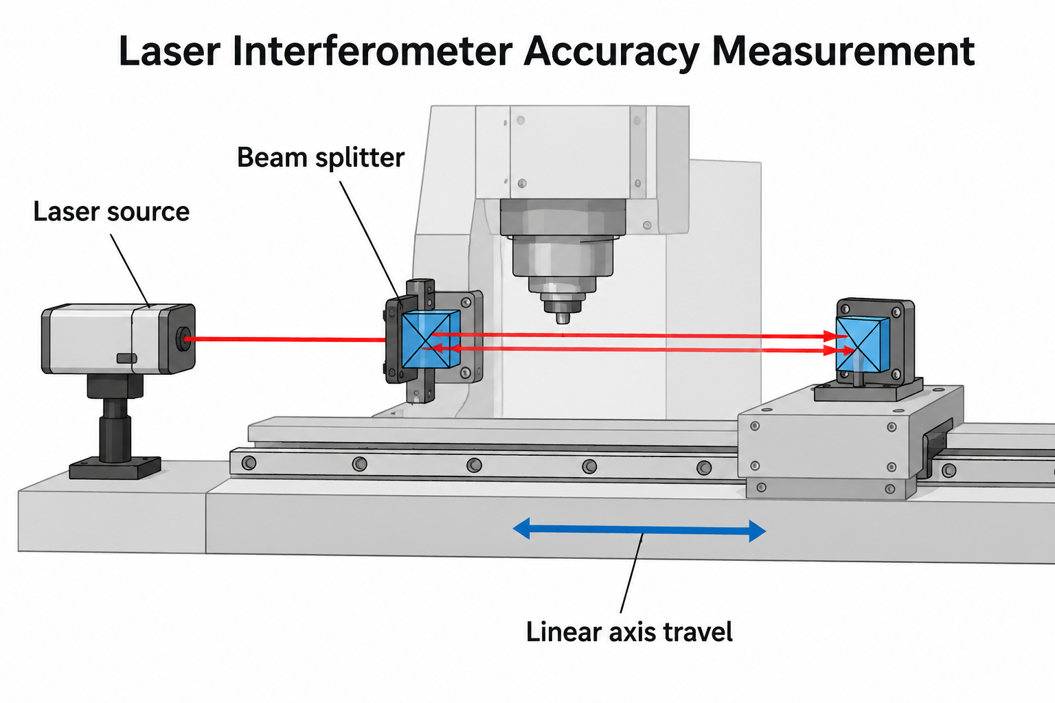 Laser interferometer measuring positioning accuracy along a CNC machine linear axis
